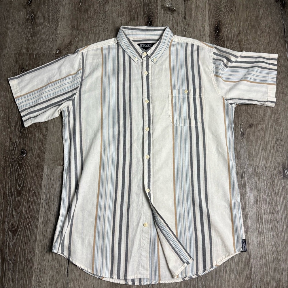 Ezekiel Men's L Button Up Shirt Beige Striped Woven Cotton Short Sleeve Pocket - Picture 2 of 9